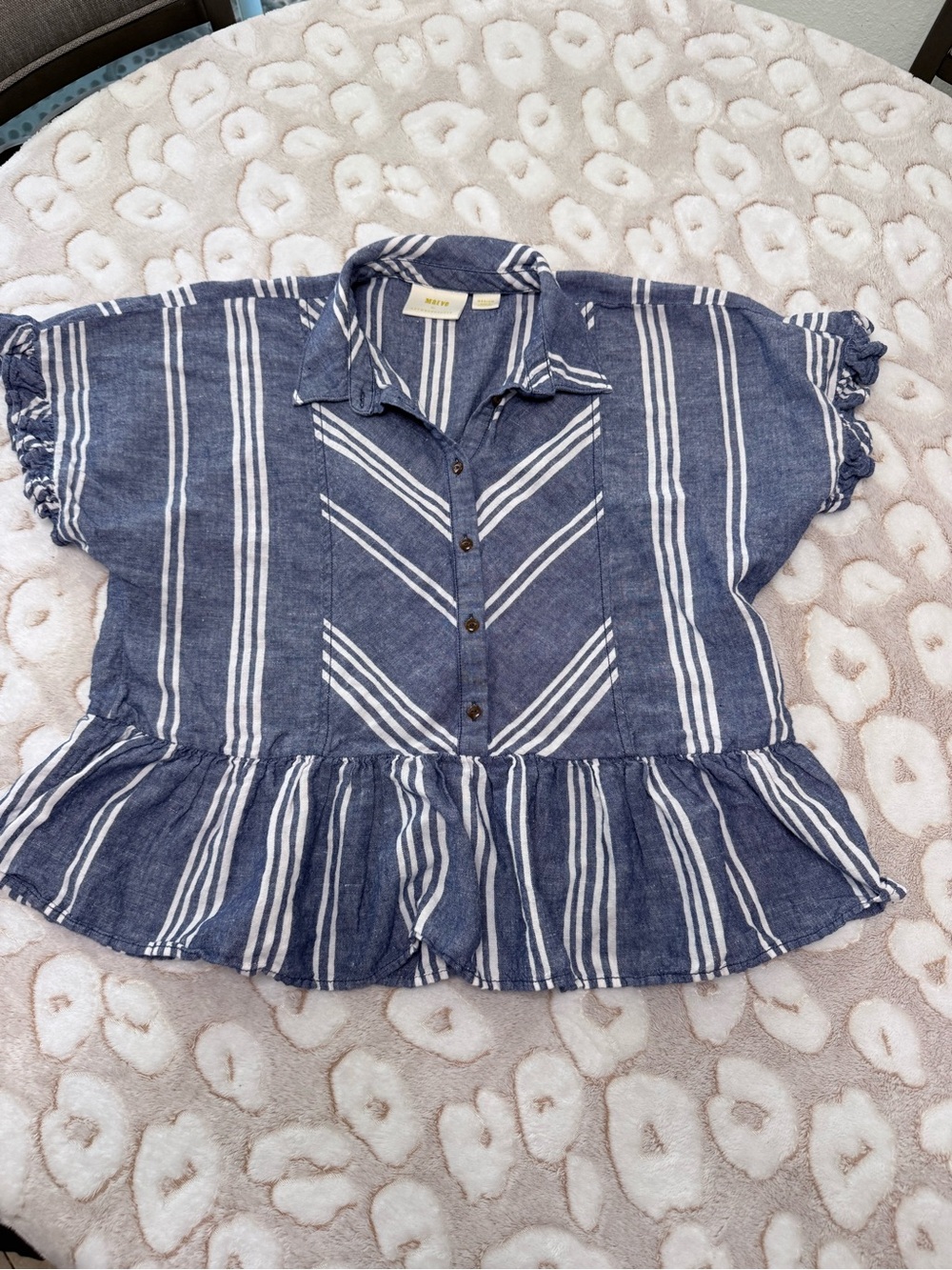 Anthropologie Navy and White Striped Peplum Button-Front Top